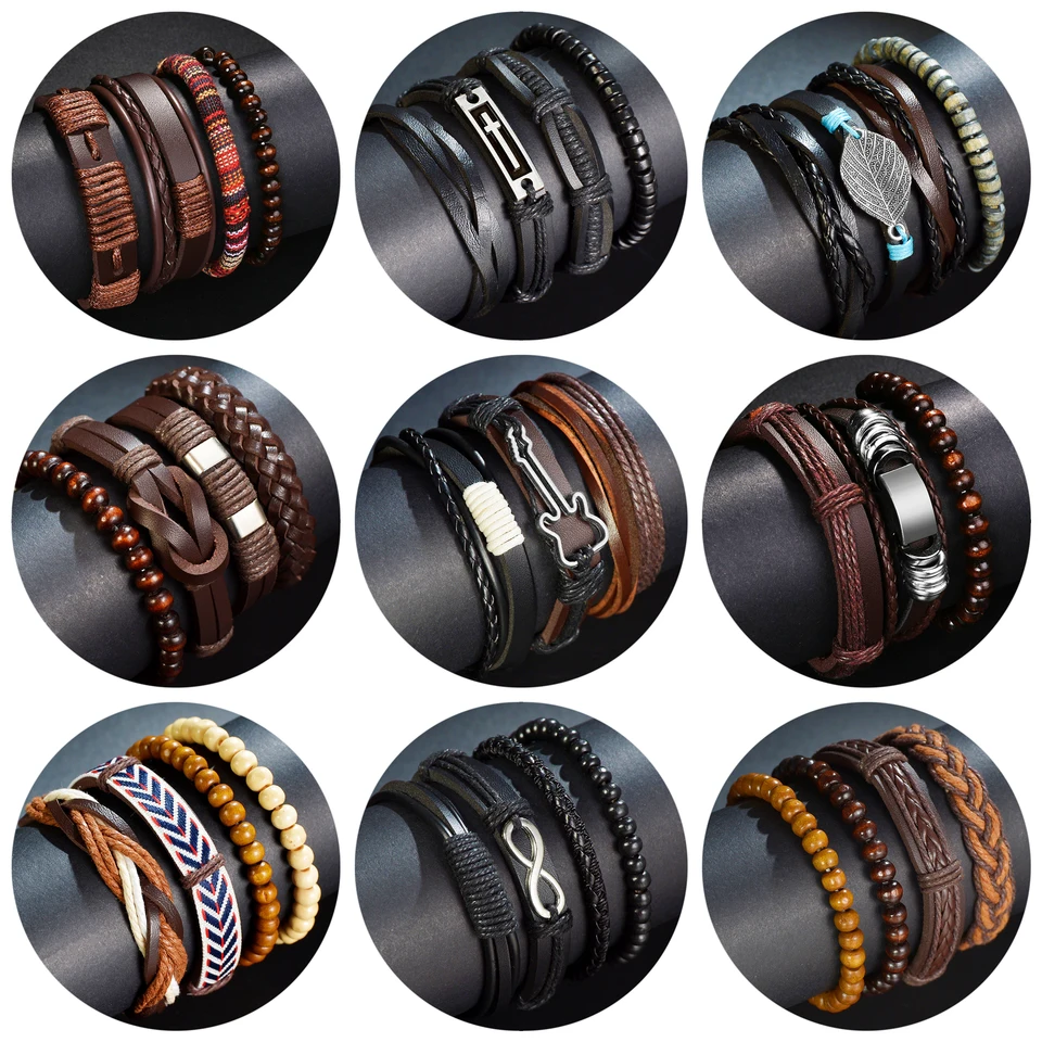 Nový trendový retro 4ks/set náramky a náramky mužov viacvrstvové čierne kožené šperky kúzlo Pulseiras Priateľský náramok