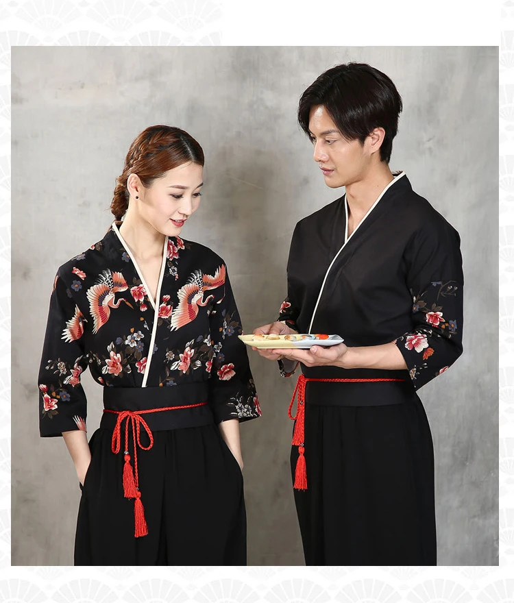 Nový unisex japonský korea v štýle stredného rukávu Cook Uniforma kimono čašník práce nosiť šéfkuchár sushi reštaurácie kombinézy