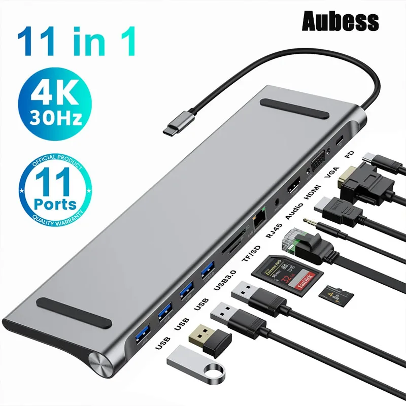 Nový uzol USB 11 v 1 USB C Hub 3.0 Splitter Multi-Port Adapter Type C prenosný stánok 4K HDMI kompatibilný RJ45 SD/TF VGA PD MacBook