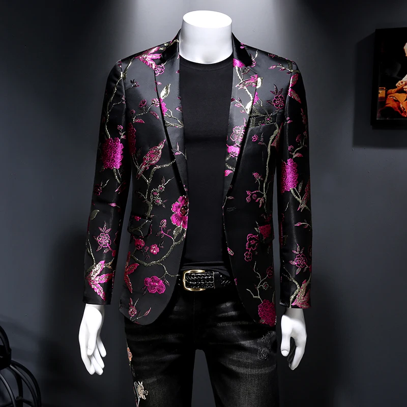 Nový vinobranie luxusný jacquard kvetinový oblek bunda Muži svadobné banketové klubové šaty speváci smradit Slim fit blazers hommes
