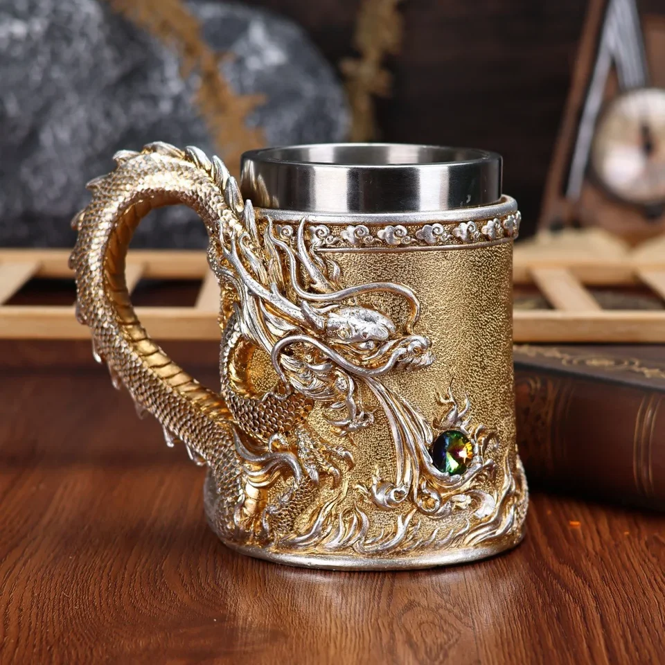 Nový vinobranie čínsky hrnček na pivo Dragon - 3D reliéfna živica a pohár z nehrdzavejúcej ocele, jedinečný darček