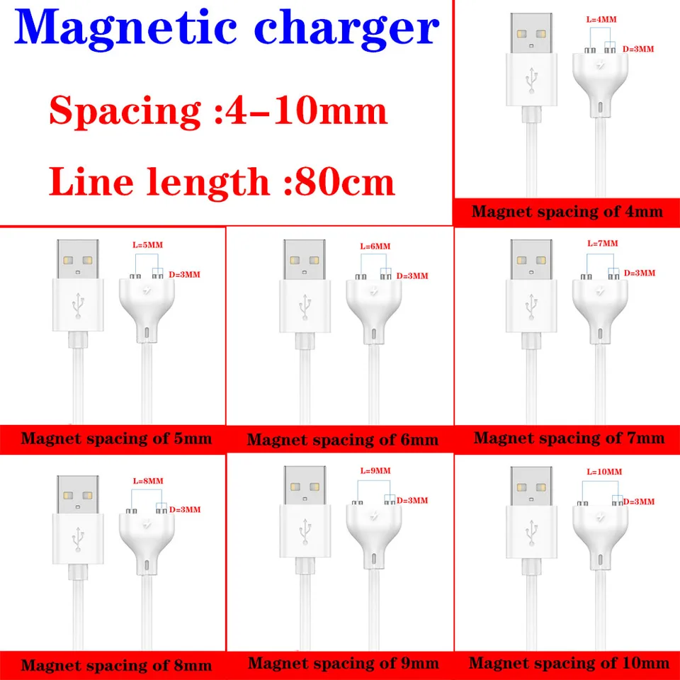 Nový vodotesný magnetický USB DC nabíjací kábel Dĺžka nabíjacieho kábla 80 cm Magnetové rozstupy 4 mm/5 mm/6 mm/7 mm/8 mm/9 mm/10 mm
