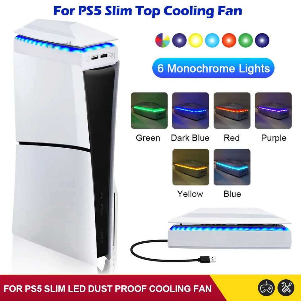 Nový vrchol chladiaceho ventilátora pre PS5 Slim s RGB LED svetlo hostiteľským hostiteľom Radiator Top Dust Proof Weat Disimation ventilátor pre PS5 Slim Console