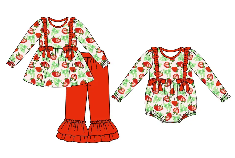 Nový vysoko kvalitný detský oblek s dlhými rukávmi s dlhým rukávom Elastic Elastic Bow Strawberry Print Trousers Lace Girl Suit Baby Dlhé rukávy kombinézy