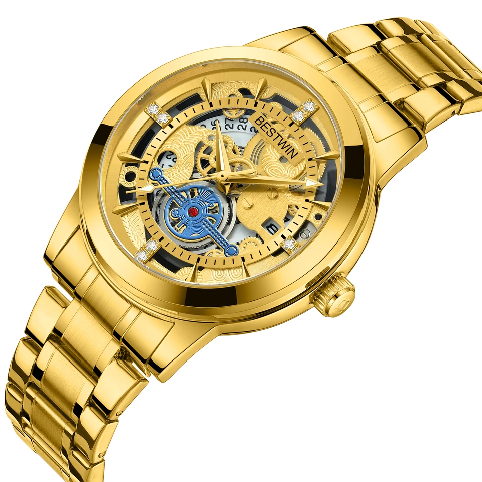 Nový zlatý luxusný obchod Elite 30 metrov vodotesný žiarivý pánsky zápästie Watch Tourbillon Fashion Hollow Design Quartz Pánske hodinky