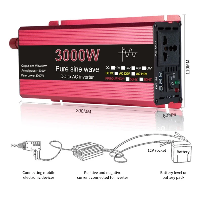 Nový čistý invertor sínusovej vlny DC 12V/24V až AC 110V/220V 1000W 1600W 2000W 2200W Prenosný energetický bankový prevodník Solar Inverter