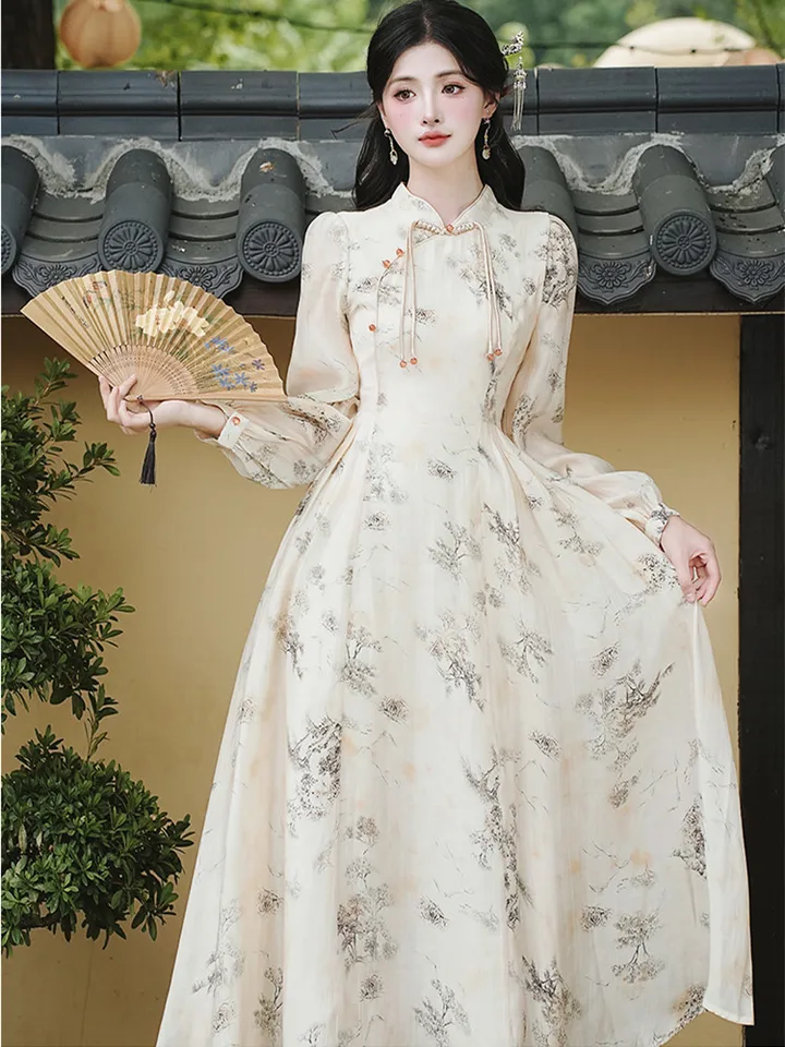 Nový čínsky štýl retro potlač Vylepšené šaty cheongsam pre ženy jesenné šaty s dlhým rukávom Vintage módne vesty