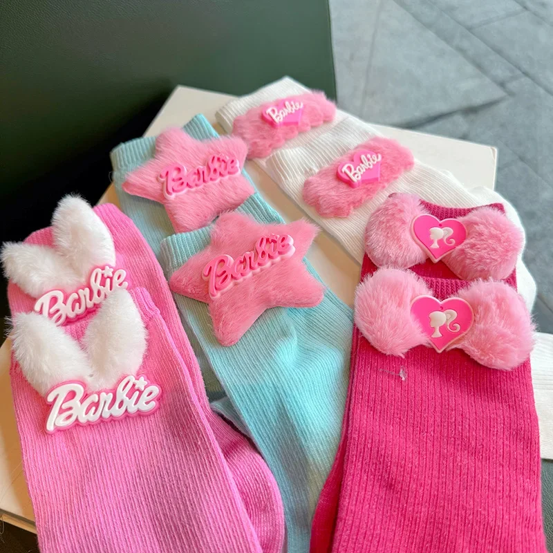 Nový štýl sladká línia Barbie pletené pančuchy dopamine roztomilý päťbodový hviezdny plyšový stredný barel ponožky domov a domov