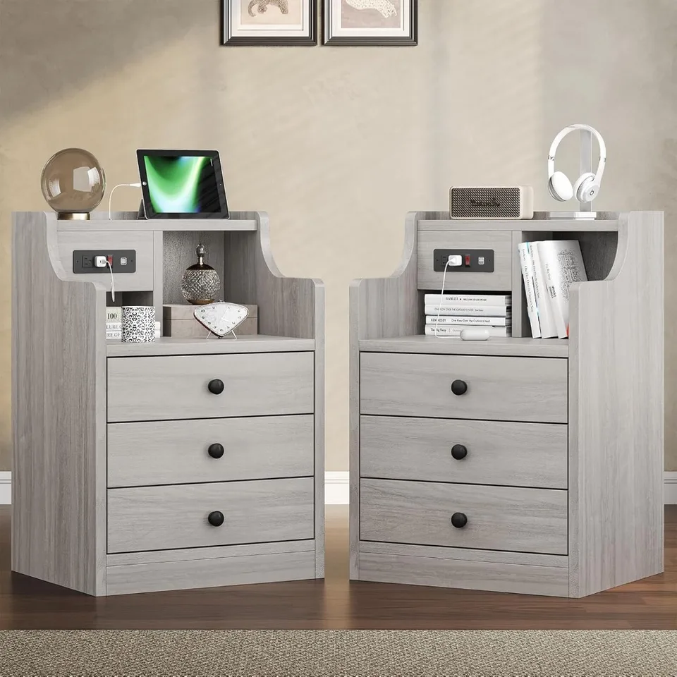 Nočný stolík 2, Grey Night Stands s Hutch a nabíjacou stanicou, nočný stolík s 3 zásuvkami pre spálne set 2