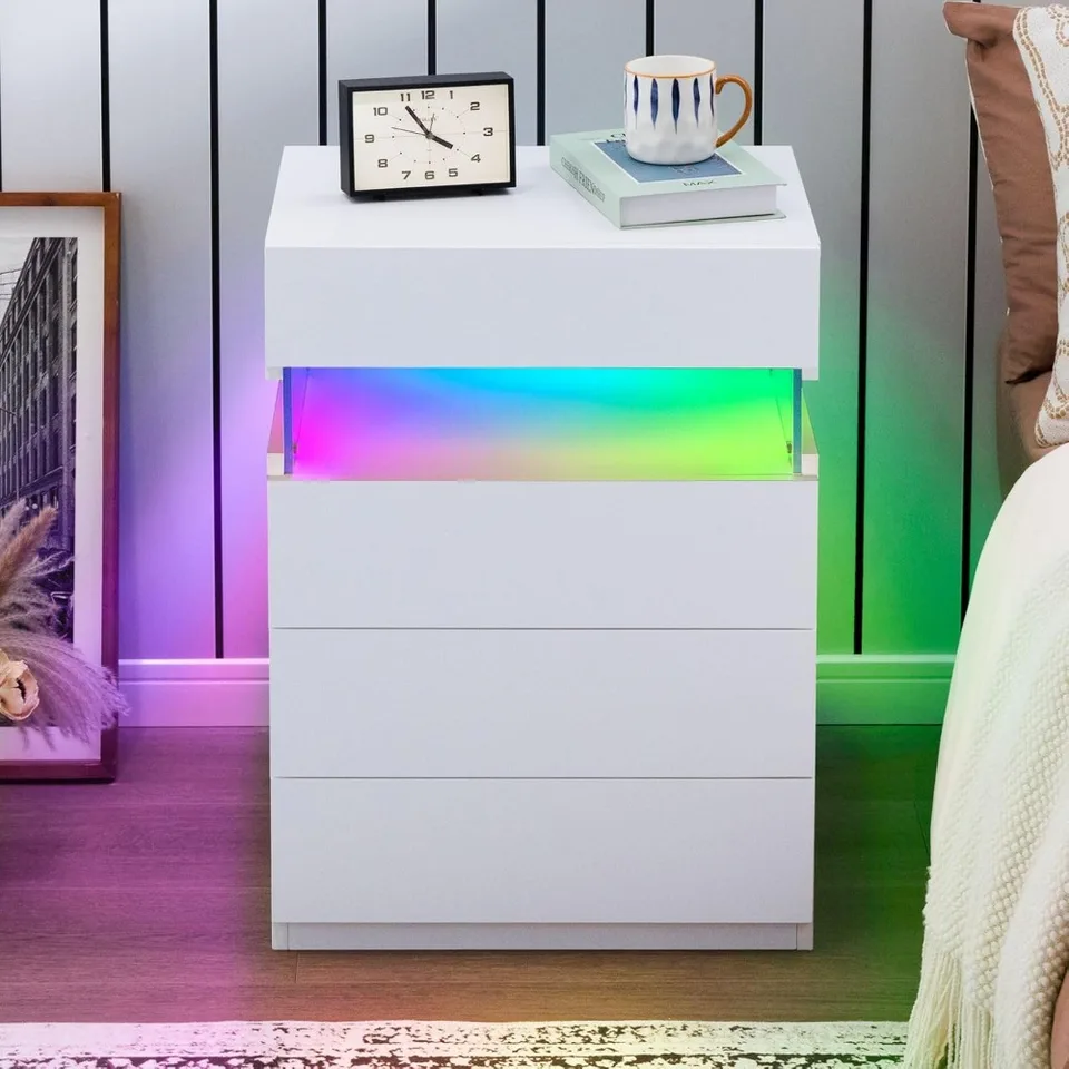 Nočný stolík so 4 zásuvkami veľký LED nočný stolík, biele spálne postele stolové spálne moderné postele stola, obývacia izba