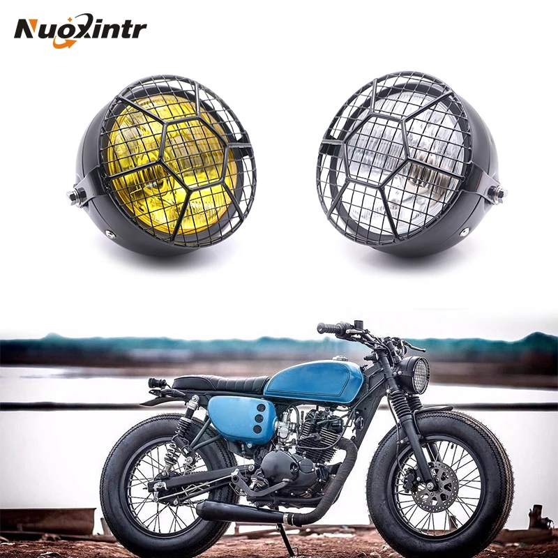 Nuoxintr Retro 35W Motocykel predný svetlomet čiernej kovovej mriežky klasický okrúhly svetlomet pre Honda CB100 CB125S GN125 CG125