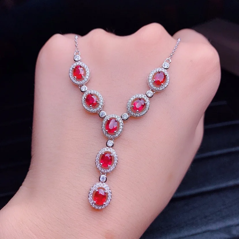 Nutural rubínové šterlingové strieborné prívesok náhrdelník luxusný vznešený šperky dizajnéri Y Tvar valentínske darčeky zdobené diamantom