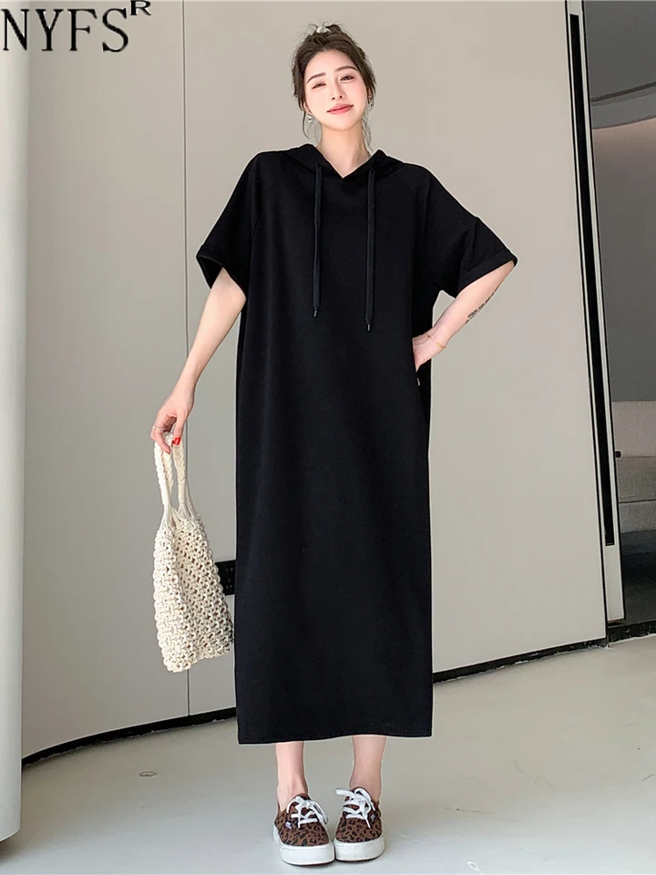 NYFS 2024 leto Nová Kórea Solid Woman Dress Vestidos rúž Ellbise Loose Plus veľkosť s krátkym rukávom Air Cotton Dlhé šaty s kapucňou