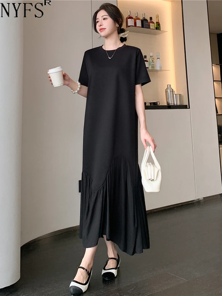 NYFS 2024 Summer Nová Kórea nepravidelná žena šaty Vestidos rúž Ellbise Loose Plus veľkosť patchwork s krátkym rukávom dlhé šaty