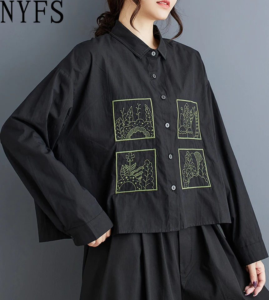NYFS 2025 Spring Autumn New Women Tops Tops Botanical výšivok čierna košeľa s dlhým rukávom