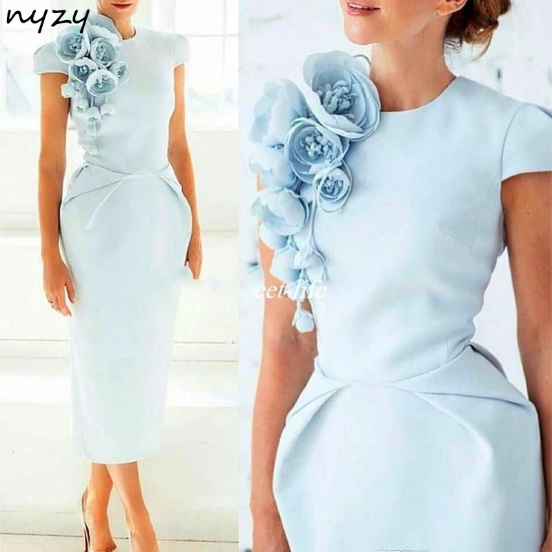 NYZY C4 ELEGANT 2019 ROBE COCKTAIL FORMAL DAY ČAJ Dĺžky ručne vyrábané ručné ružejky svetlo modré saténové šaty pre svadobnú hostinu HOMECOMING