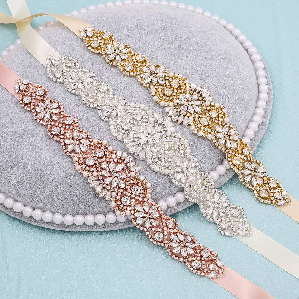 NZUK Silver Gold/Rose Gold Svadobné šaty Svadobné šaty Crystal Svadobné pásy saténové svadobné doplnky Svadobné pásové pásy