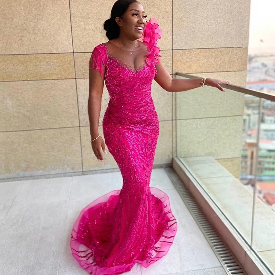Nádherná fuchsia aso ebi štýl Svadobné hosťujúce šaty trblietavé flicky čipky africké formálne príležitosti šaty čierne ženy ples šaty 3D