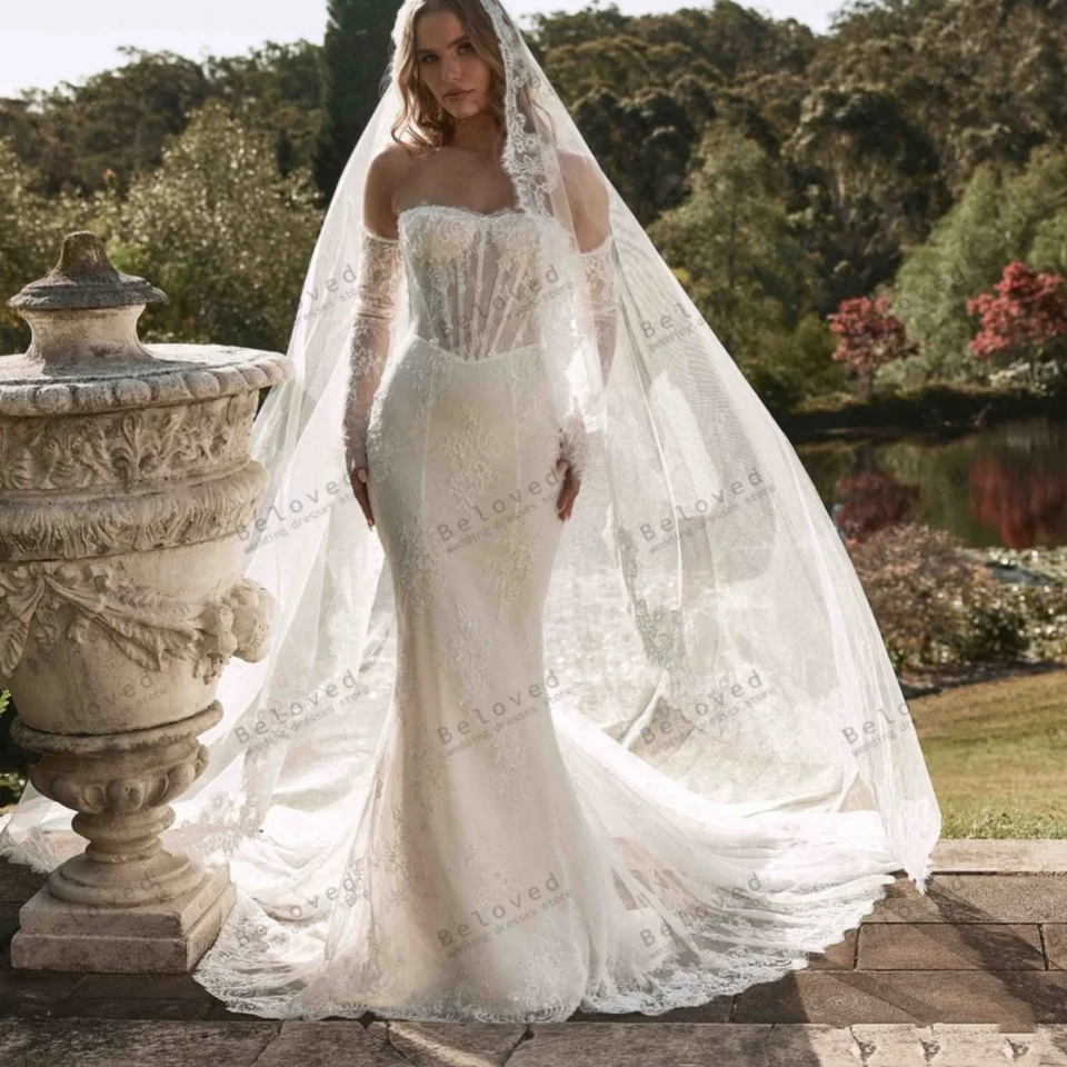 Nádherné svadobné šaty luxusné svadobné šaty čipkované aplikácie bez ramienok Sexy morská panna očarujúca vestidos de novia prispôsobená 2025