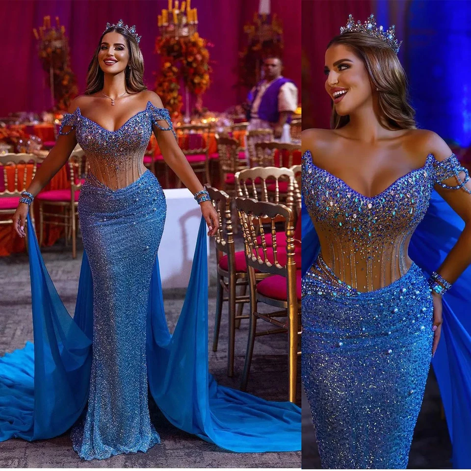 Nádherné večerné šaty morská panna Formálna príležitosť z ramien Flitre perličky Pearl Back Cape Prom Vestido deite Prispôsobené