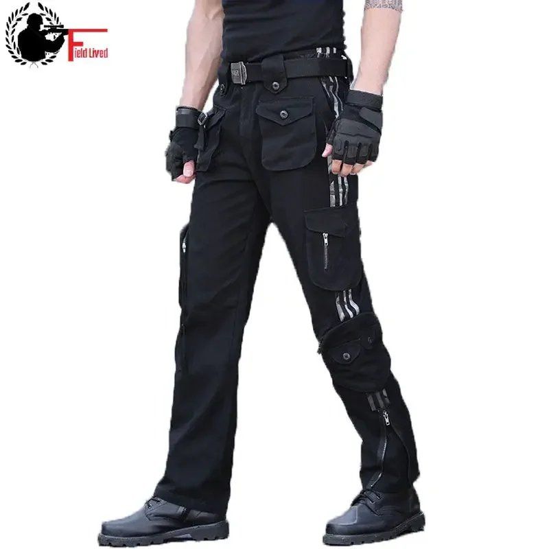 Nákladné nohavice muži camo Mnoho vreckových kolena zipsové priame nohavice voľné fit fit armáda štýl maskger jogger muž čierna taktická bavlna