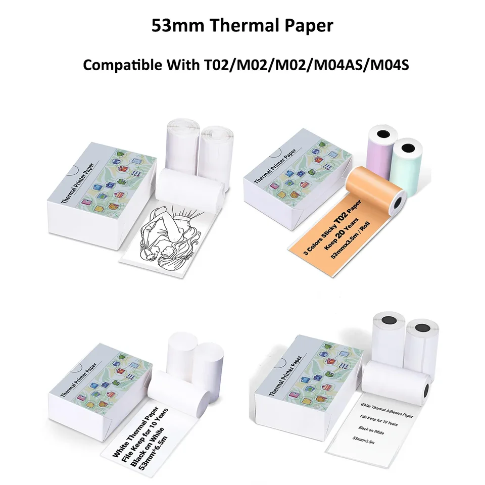 Nálepka na tepelnú papier mini tlačiarne pre peripage/spomienky M02/T02/M04AS/M04S Mini tlačiareň pre časopis Photo Text Poznámky 53 mm