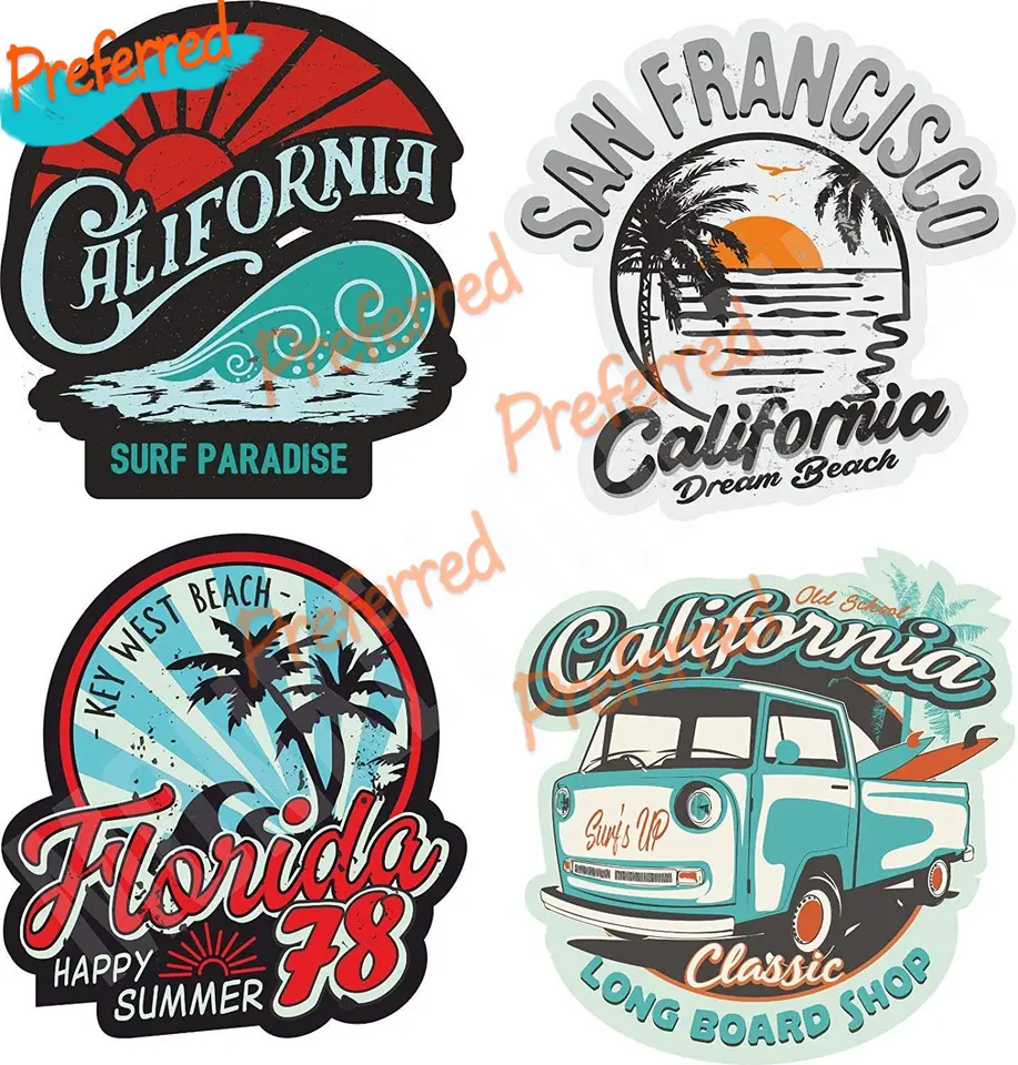 Nálepka Surfer surfus bus bulli USA pláž surfing boaord havaj vintage stará škola retro vinobranie v Kalifornii USA Die-cut