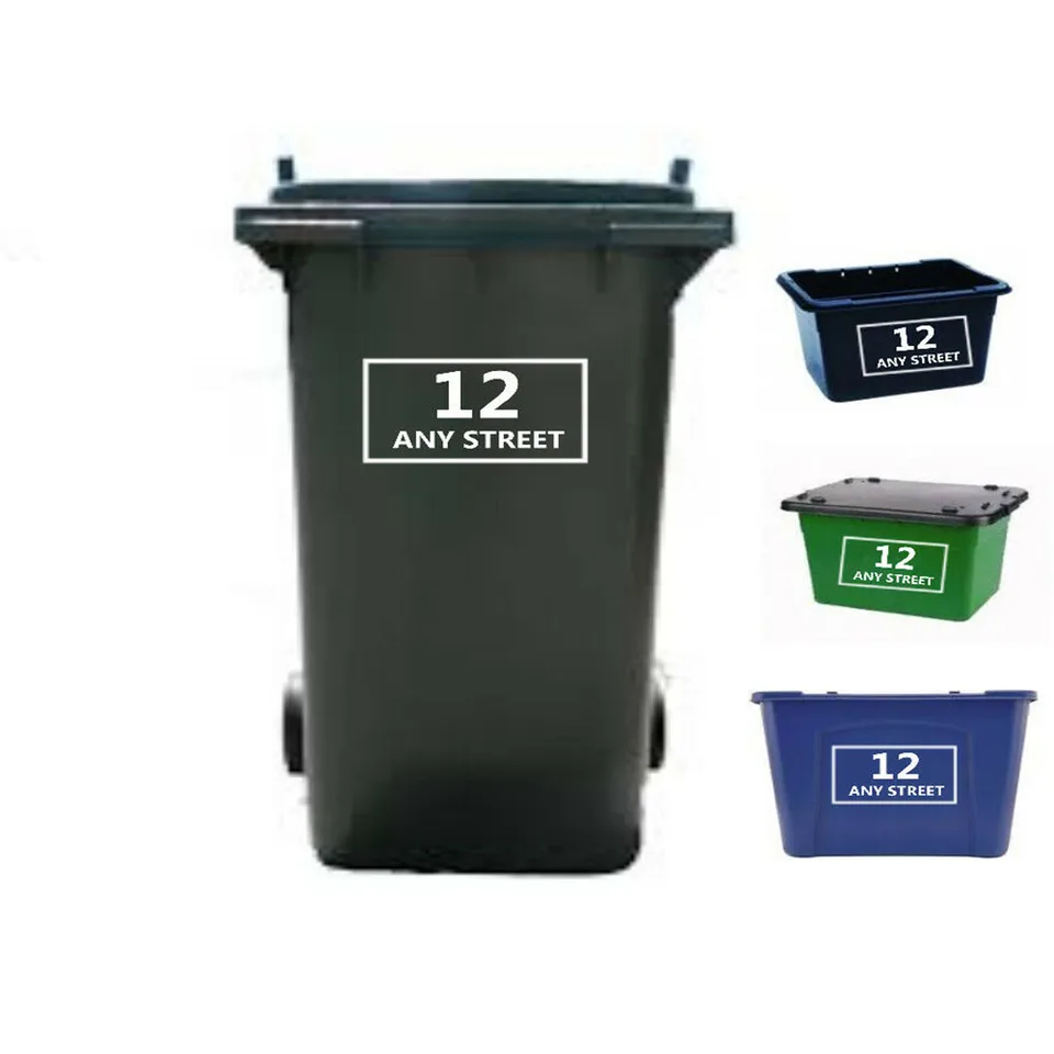 Nálepky na bin koši x4 nálepky na recykláciu nálepiek Prispôsobené číslo dom Názov domu