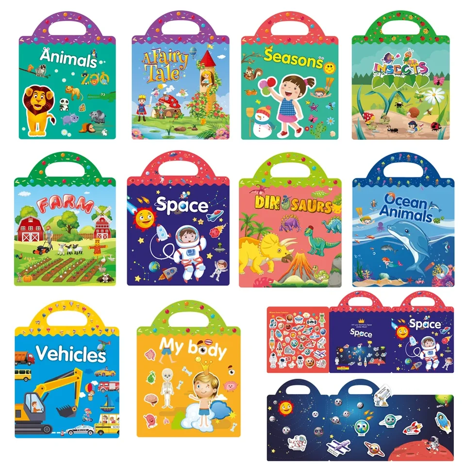 Nálepky na scénu pre deti kniha DIY Hand-on Puzzle Stickers Learning Cognition Opätovne použiteľný dinosaurus Car Human Body Stickers Toy Kid