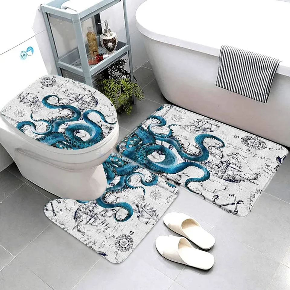Námorná chobotnica kúpeľňa podlahová podlaha sada kúpeľňa s vtipným morským monštrom Monster Bath Mats pláž pobrežná pirátska mapa kúpeľňa