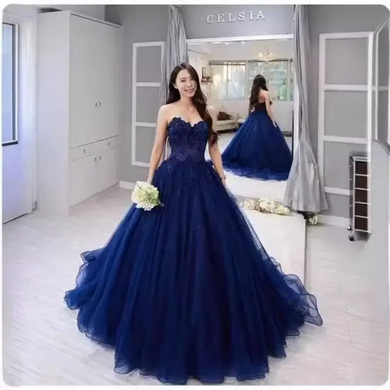 Námorná modrá princezná Quinceanera šaty miláčik Vestido de 15 Anos Ball Gown Court vlak narodeninová oslava prispôsobená