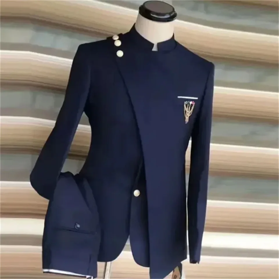 Námorné modré pánske obleky single Breast Stand Lafly Blazer Africký štýl Formálna príležitosť Party s 2 kusovou bundou Pants kostým homme