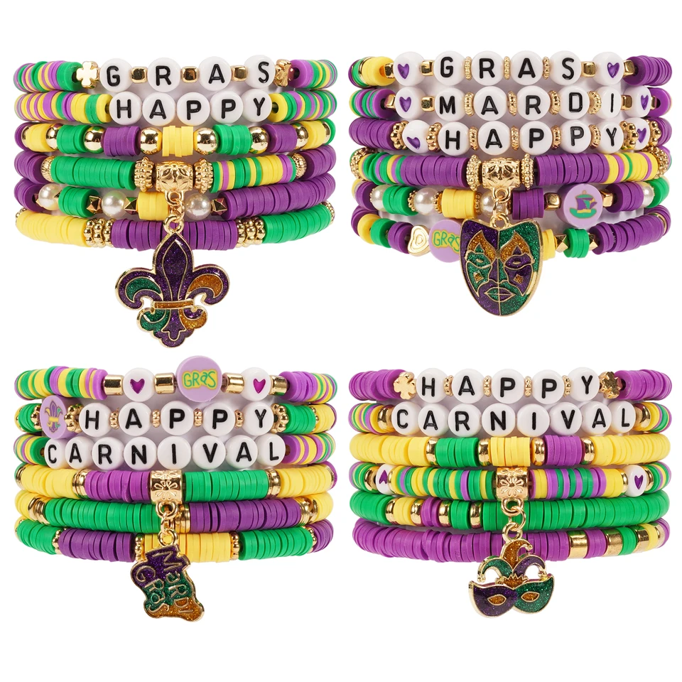 Náramky Mardi gras pre ženy trblietavá maska ​​koruna fleur de lis kúzla náramky fialové zelené korálkové náramky karnevalové náramky