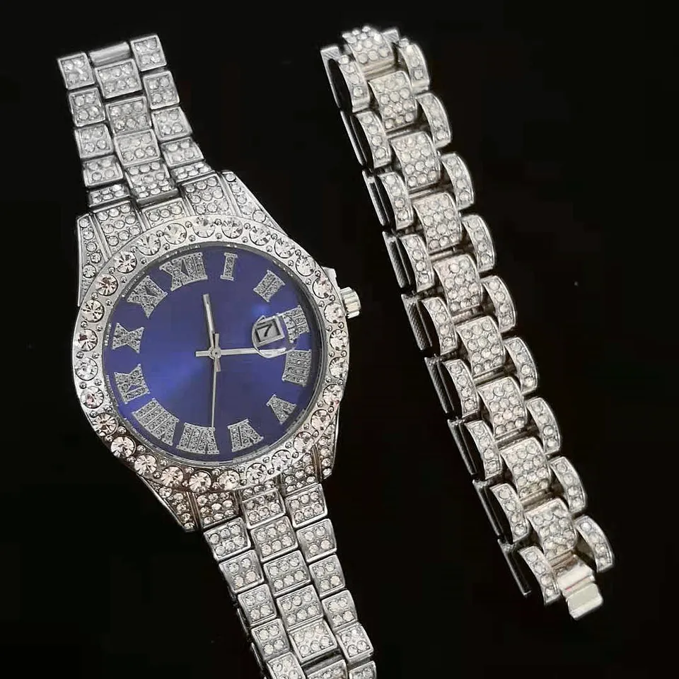 Náramok hodinky pre mužov plné ľadové luxusné kremeň zápästie Watch Clock Blue Dail Shinestone Bling Watch Men Set religio maskulino