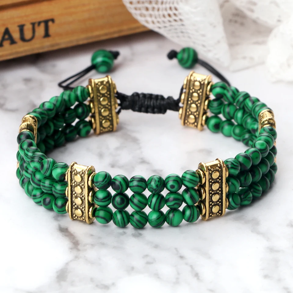 Náramok z prírodného kameňa náramok 4 mm Malachit Black Lava Yoga Energy Horúci pár pre ženy muži šperky spletené lano uzol Bangle Bangle Darček