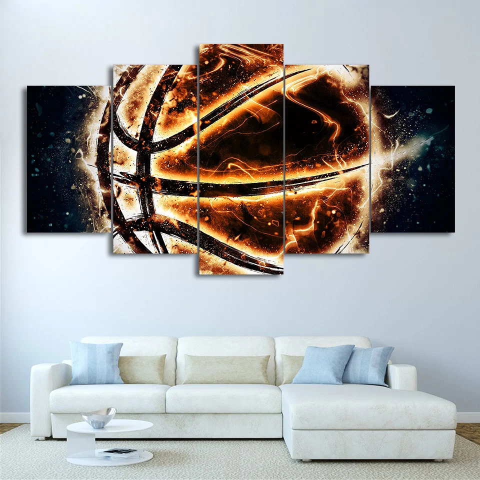 Nástenné umelecké plátno Obrázky 5 Panel Fire Basketbal Rámec HD tlačené moderné modulárne plagáty Domáce obývacia izba dekor
