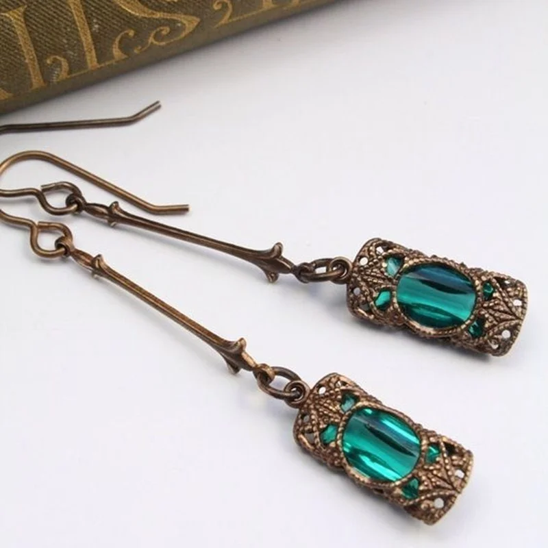 Náušnice moderných žien Vintage modré/zelené zirkónové kamienky Dangle náušnice pre ženy