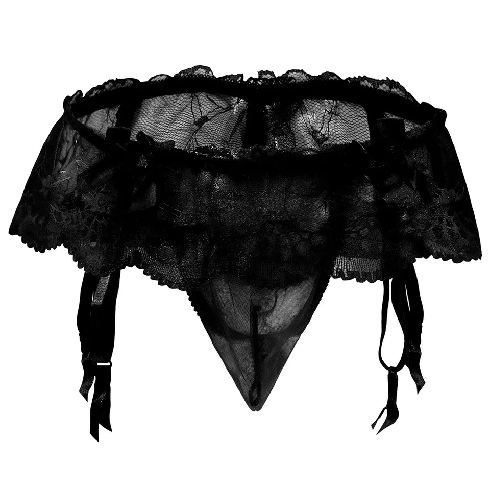 Nízky pás sissy gay podväzok pás Trihg g-string sexy muži spodná bielizeň s priehľadnou čipkou sukňou 1190