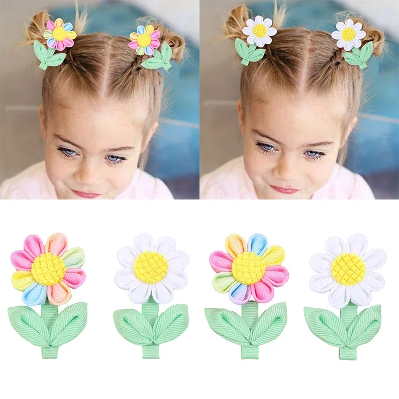 Oaoleer 2pcs/set farebné slnečnicové vlásenky Sladké dievčatá ručne vyrábané vlasové kliknutia Barrettes Detské kady hlavy Boutique Kadery