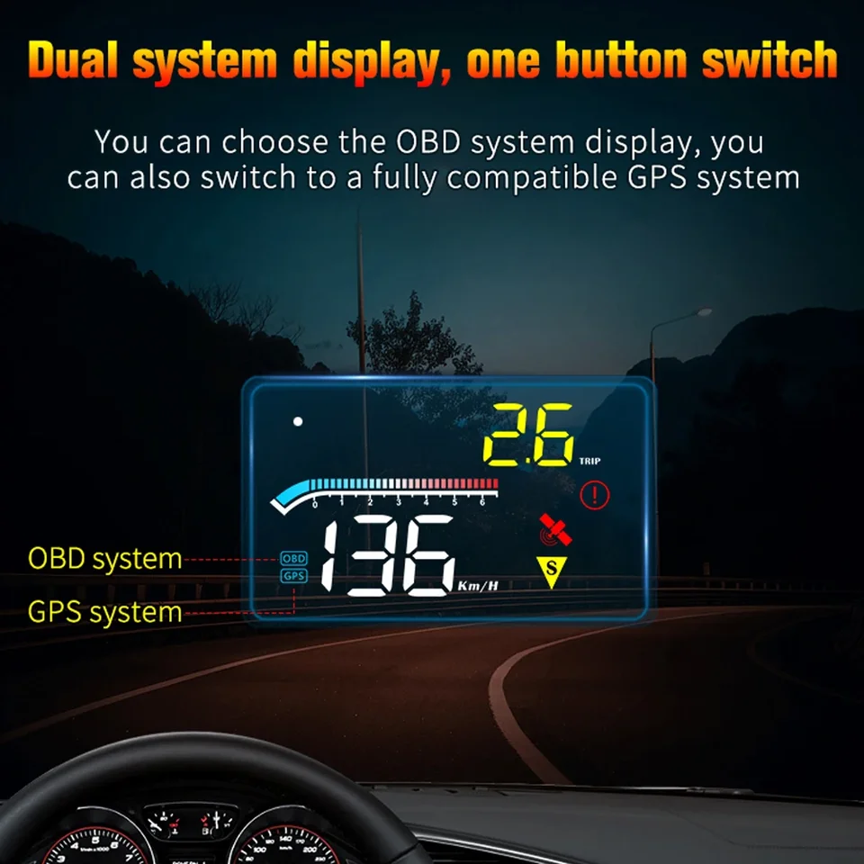 OBD+GPS Duálny systém HUD hlava nahor Displej čelného skla Projector Drving Smer o rýchlosť bezpečnostnej teploty Alarm voda Temp pre všetky autá