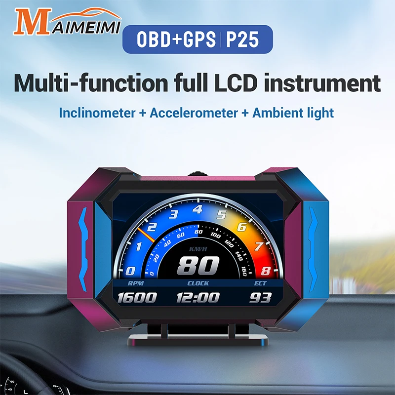 OBD + GPS HUD P25 Head Up Displej automobilu Digitálny rýchlomer TEMP vodnej teploty spotreba paliva SKLOPU SKLAMU SKLADOVÝ ZÁVOD Alarm