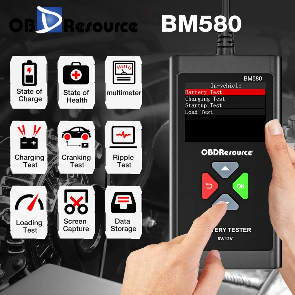 OBDResource BM580 6V 12V Tester automobilov a motocyklových batérií 100-2000CA 2AH ~ 220AH Analyzátor batérie nabíjanie testovací nástroj na nabíjanie