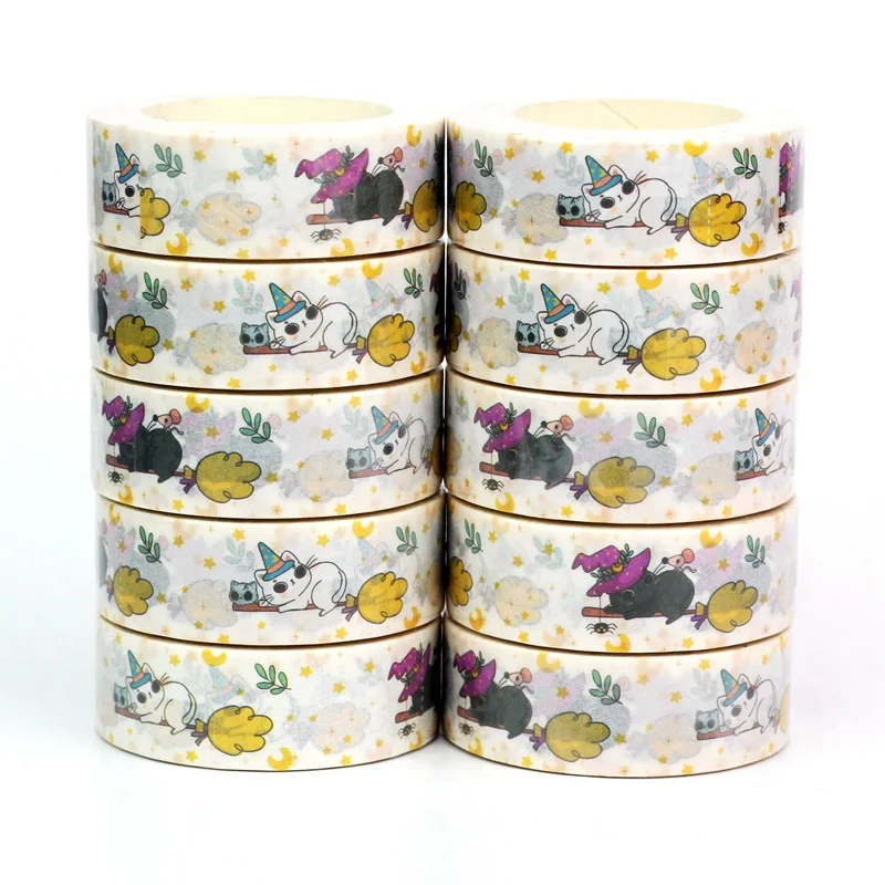 Objem 10ks/šarža deco mačiatko čarodejnica na pásky Washi pre scrapbooking Planner Adhesívna maskovacia páska Roztomilé kancelárske potreby