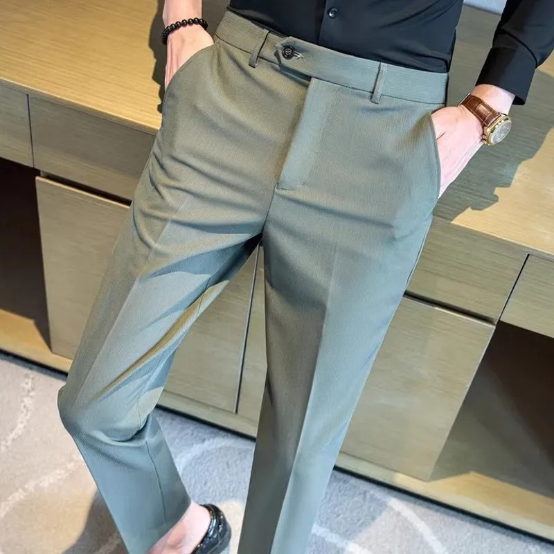 Obleky Pants Men Obliekanie Vysoko kvalitné tmavé pruhované pánske šaty nohavice v plnej dĺžke Elastic Slim Fit Business Formal Wear nohavice 38