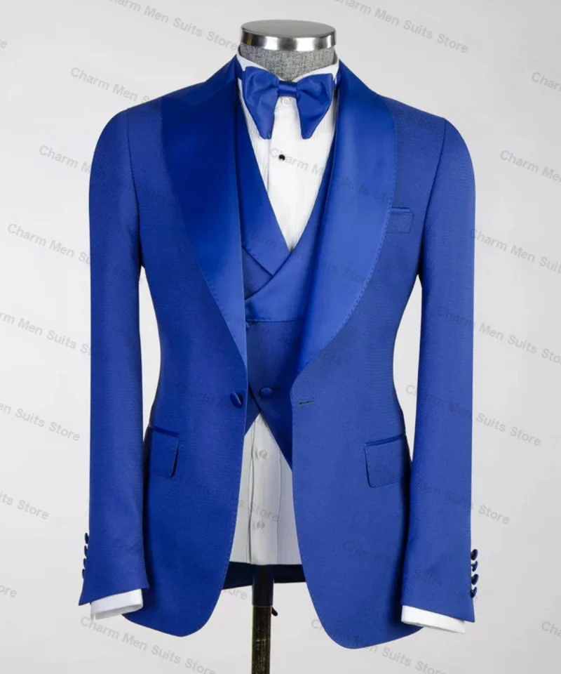 Obleky Royal Blue Men Set 3 -Piece Blazer+Vest+Čierne nohavice Svadobné smokingové smokingové formálne kancelárske plesové plášť