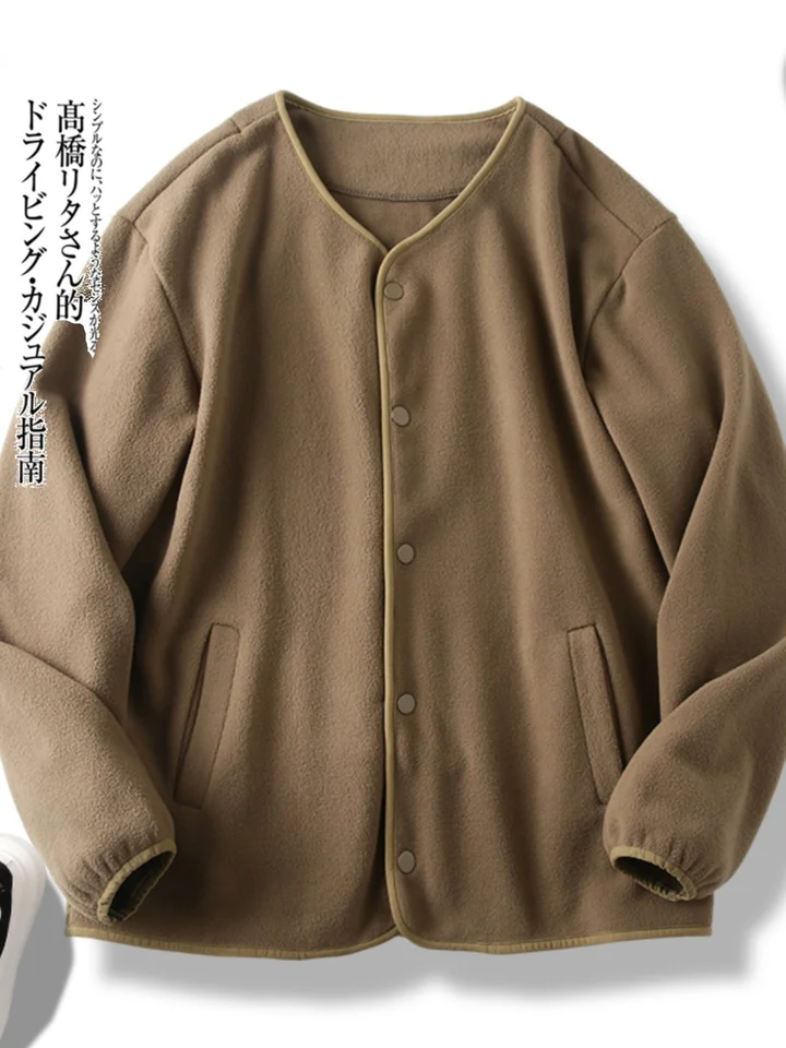 Obojstranná fleecová bunda Japonsko Jeseň Zimný pár retro golierless fleece Windproof Warb Warm Wardigan bunda Casual Streetwear
