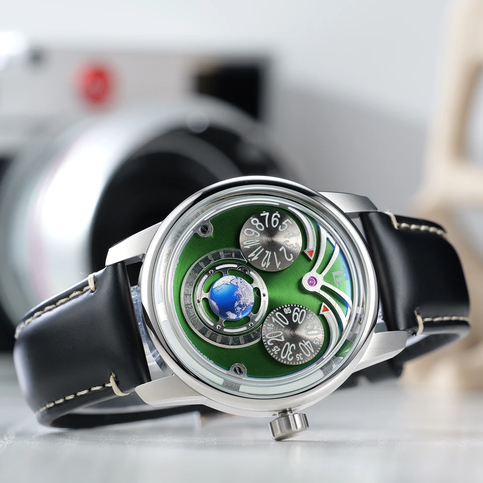 ObtVlo Fashion Eagle 3 Eyes Automatické hodinky pre mužov Zelený číselník modrý svetelný vodotesný mechanický kožený hodinky JM-Eagle