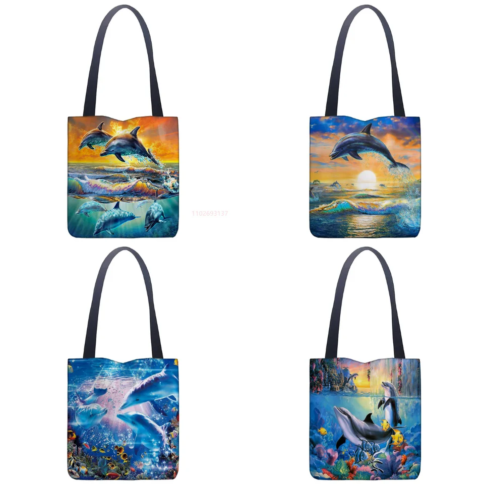 Ocean Dolphin Print Casual Tote Bag Linen Tote Bag Dámska skladacia módna cestovná taška Ženy prenosné eko -nákup vysokej kvality