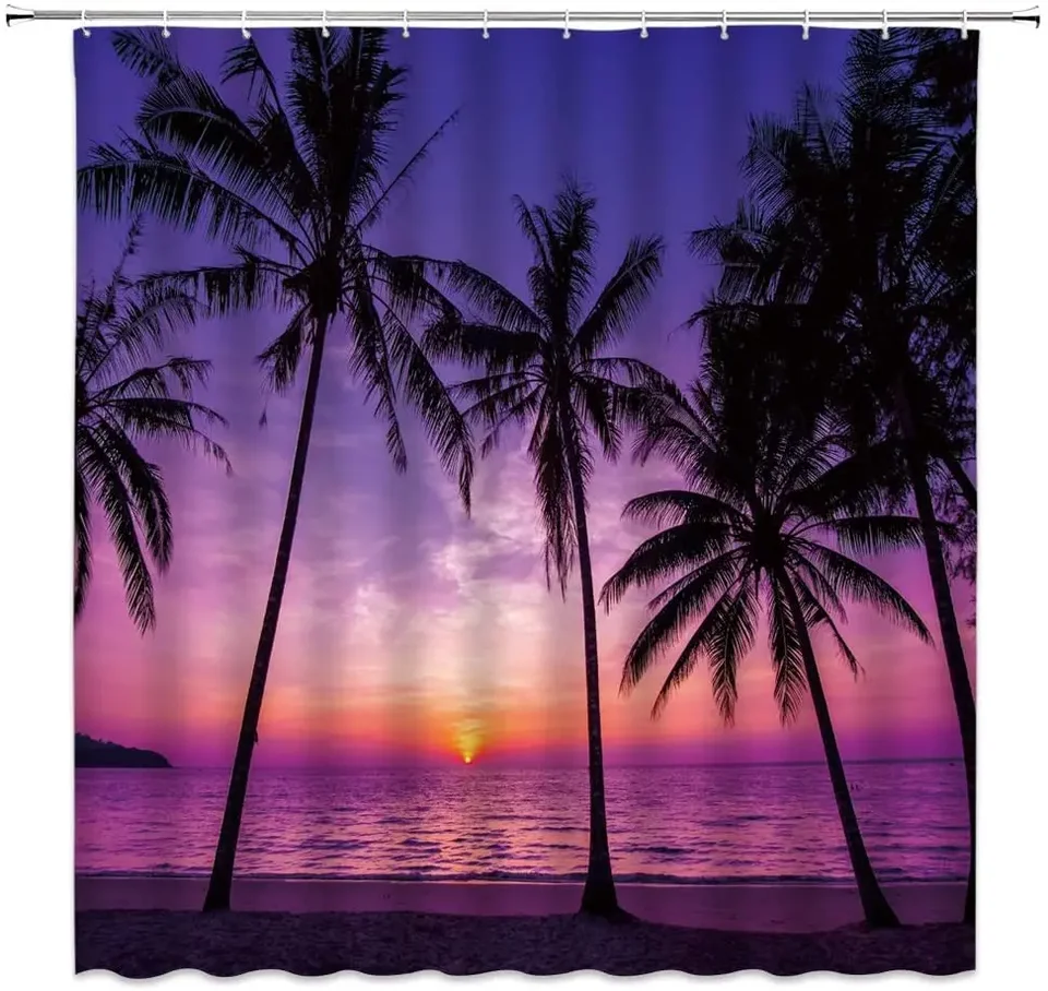Ocean Sunset Shower Curtains Tropical Beach Palm Strom Dusk Sky Hawaii Sea Sea Seaside Sease Cape Purpurová čierna kúpeľňa dekorácie háčiky