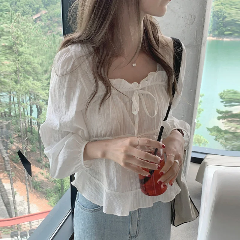 Oceanlove Puff Ruckve Dámske košele a blúzky Spring Jeseň Sladký štvorcový krk Chic Blusas Mujer Kórejský módny elegantný camisas